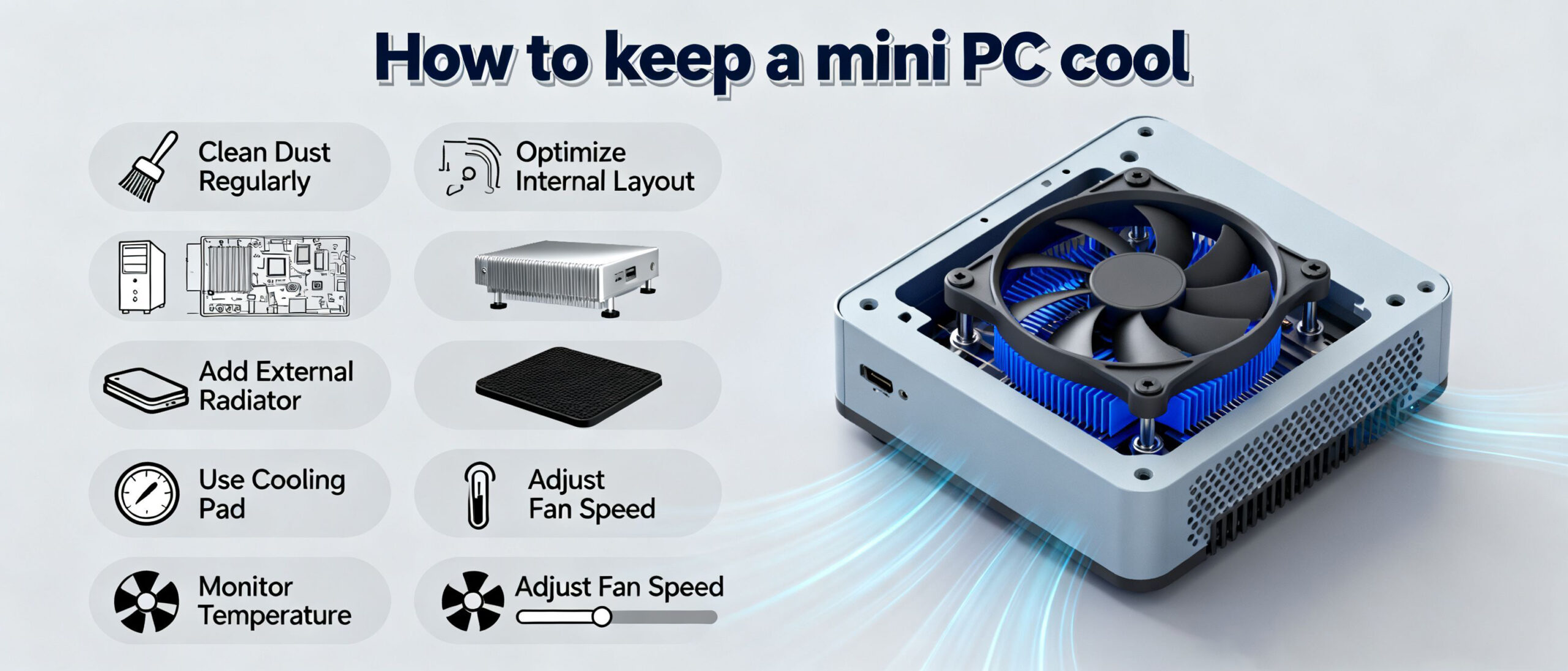 Mini PC cooling tips infographic showing heat sink with blue fan and maintenance methods: clean dust, optimize layout, add radiator, use cooling pad