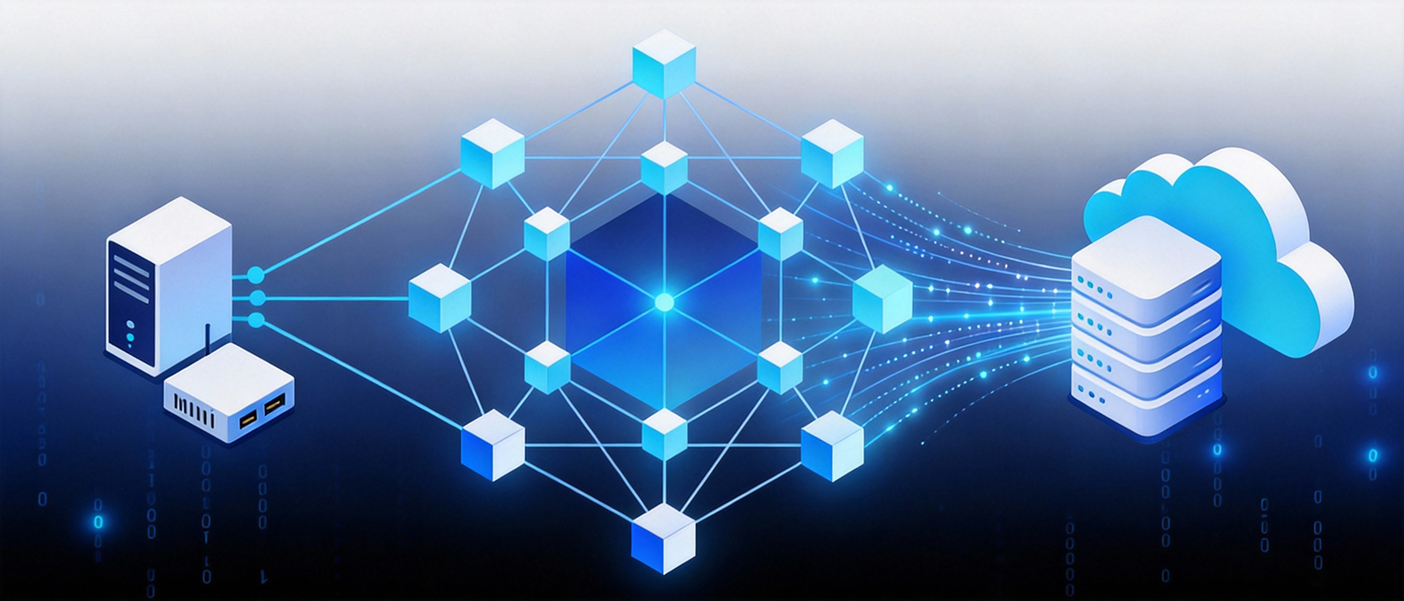 Minimalist edge computing poster featuring mini PC and smart city skyline in blue and black color scheme